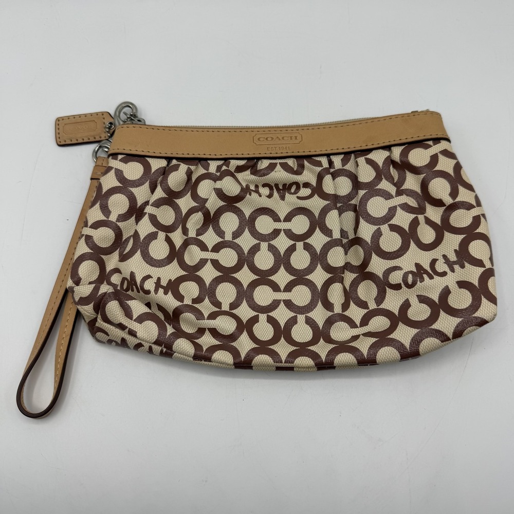 Womens Coach Signature C Wristlet Brown/Cream Canvas Leather Trim Zip Strap